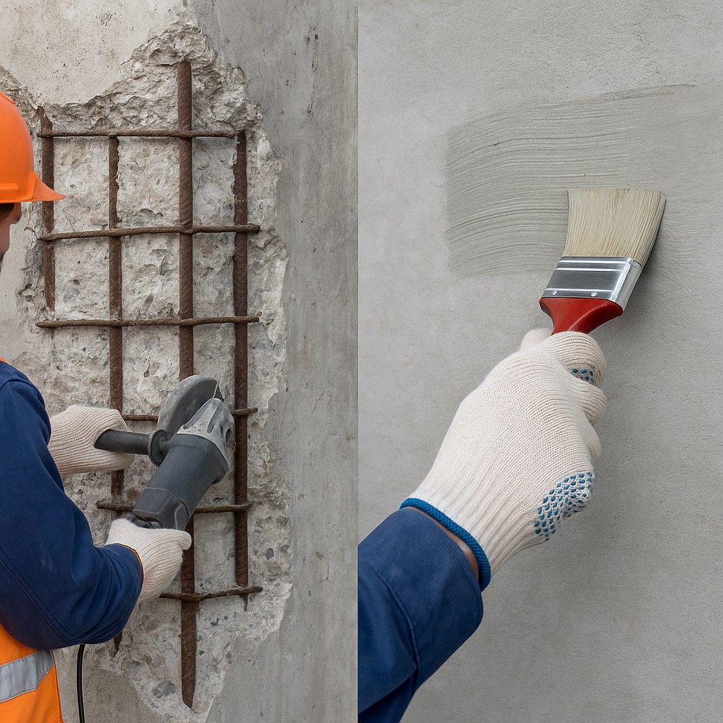 Concrete repair and protection process showing damaged concrete removal and protective coating application on reinforced surface