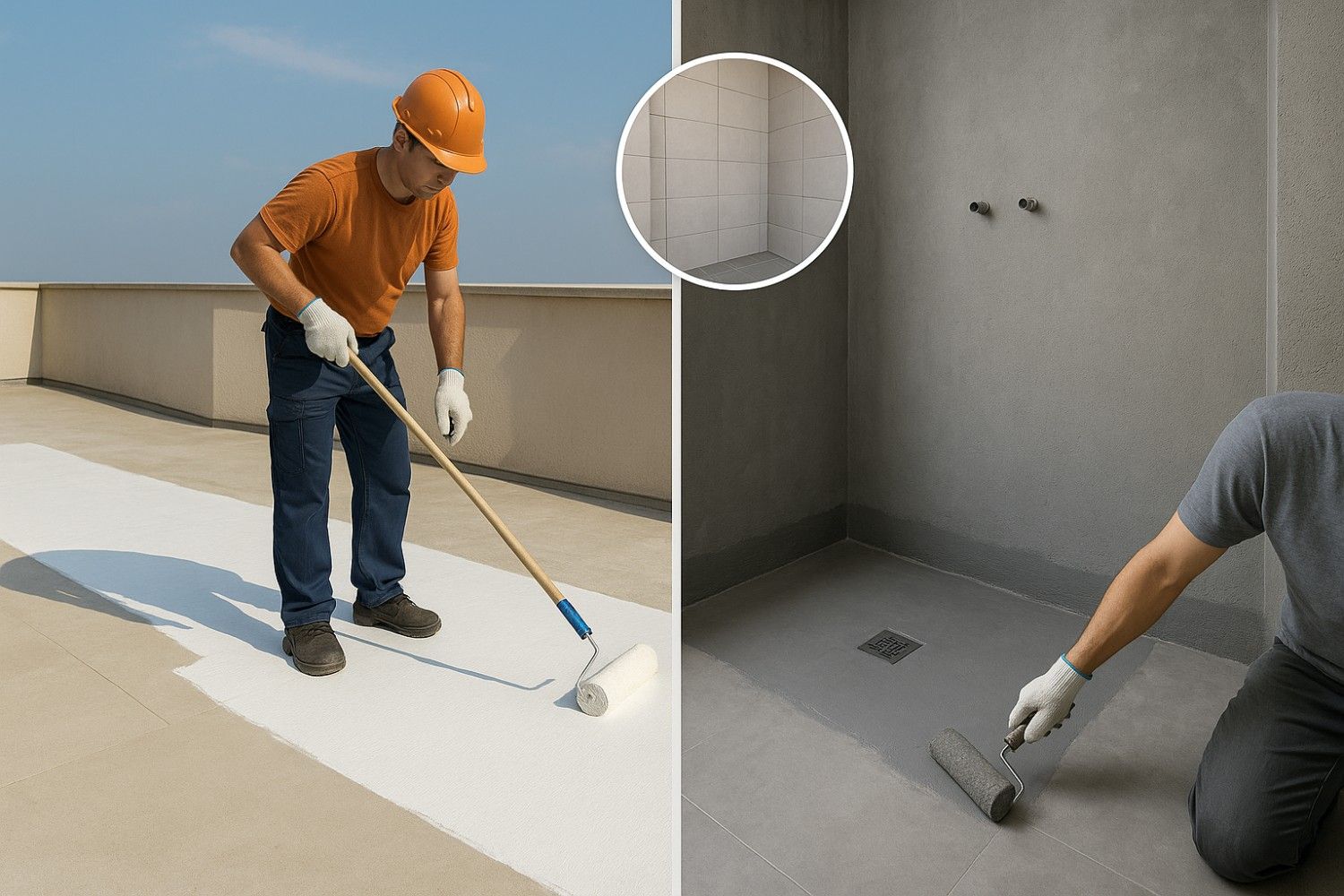 Application of structural waterproofing with polyroof combo system on a rooftop and wet area waterproofing in a bathroom under construction