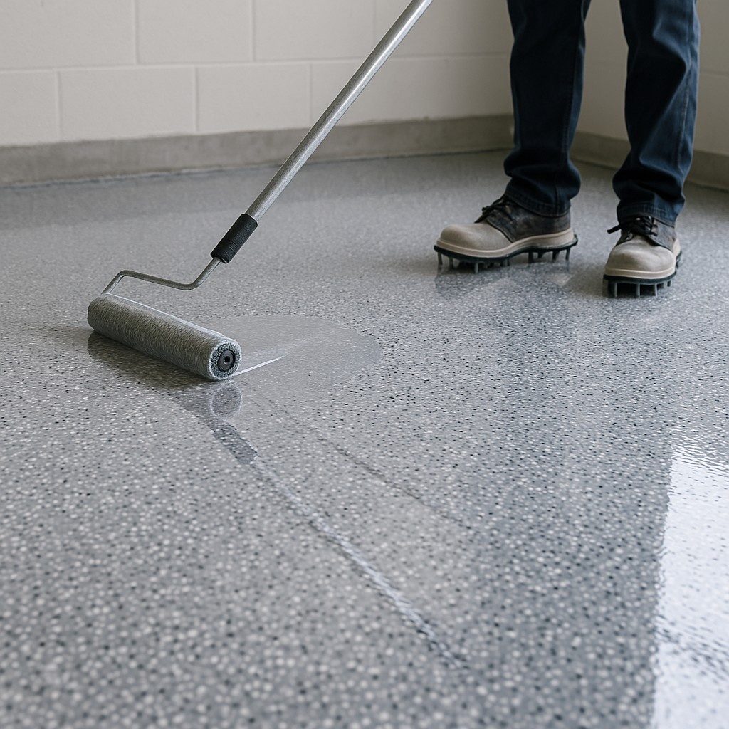 Worker applying clear epoxy coating to a speckled gray industrial floor with a roller